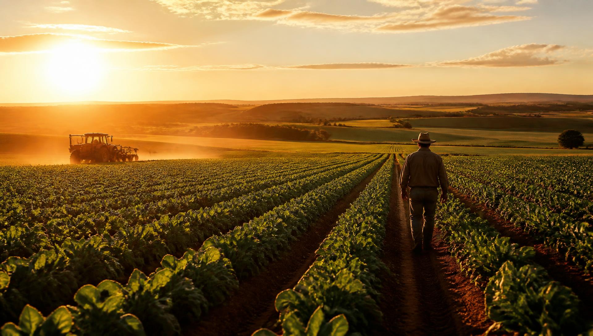 Lavoura brasileira ao amanhecer com produtor caminhando entre as linhas de plantio